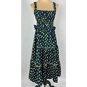 Ina (i:na) Blue Cotton Pineapple Print Midi Dress Tiered Ruffle Smocked Small
